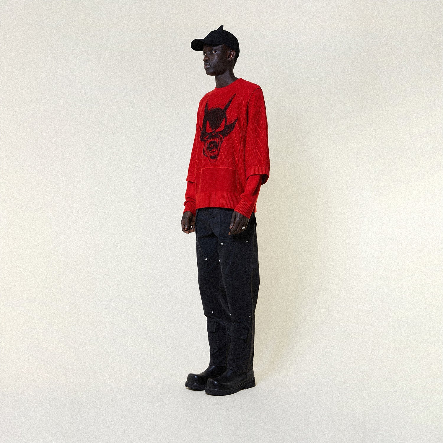 Male model wearing CHEEKY DEVIL DOUBLE SLEEVE JUMPER-KNITWEAR-BOY London