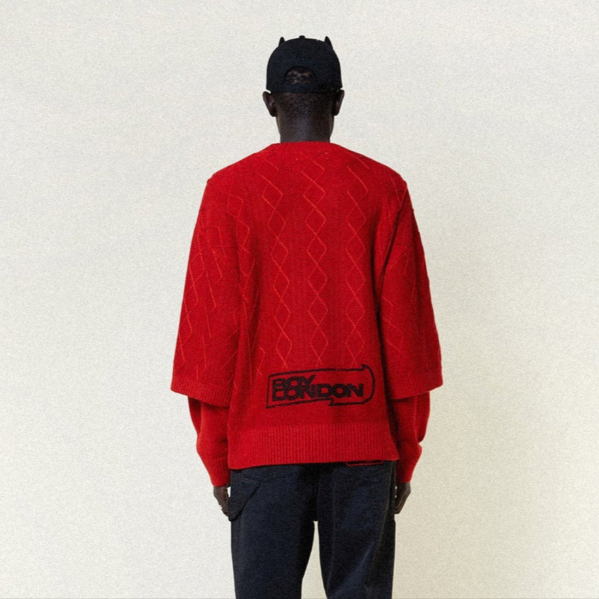 Male model wearing CHEEKY DEVIL DOUBLE SLEEVE JUMPER-KNITWEAR-BOY London