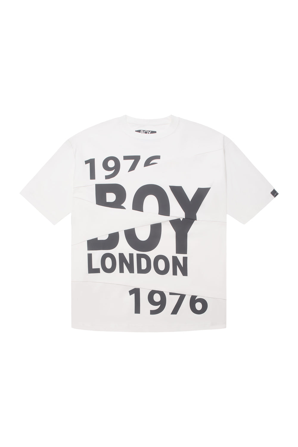 White t-shirt with '1976 BOY LONDON' text on a white background