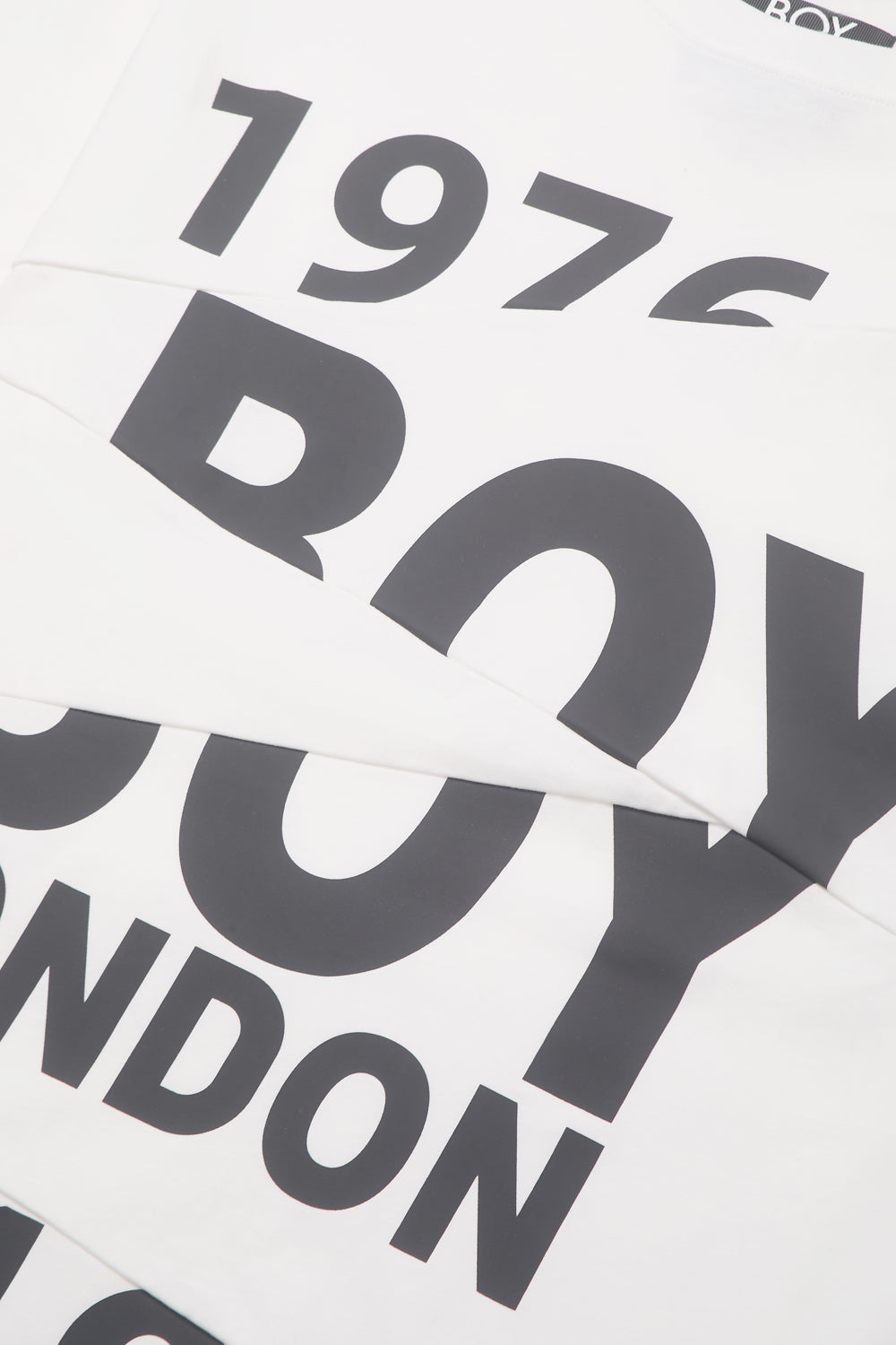 Close-up of 'BOY LONDON' branding with '1976' on a white background