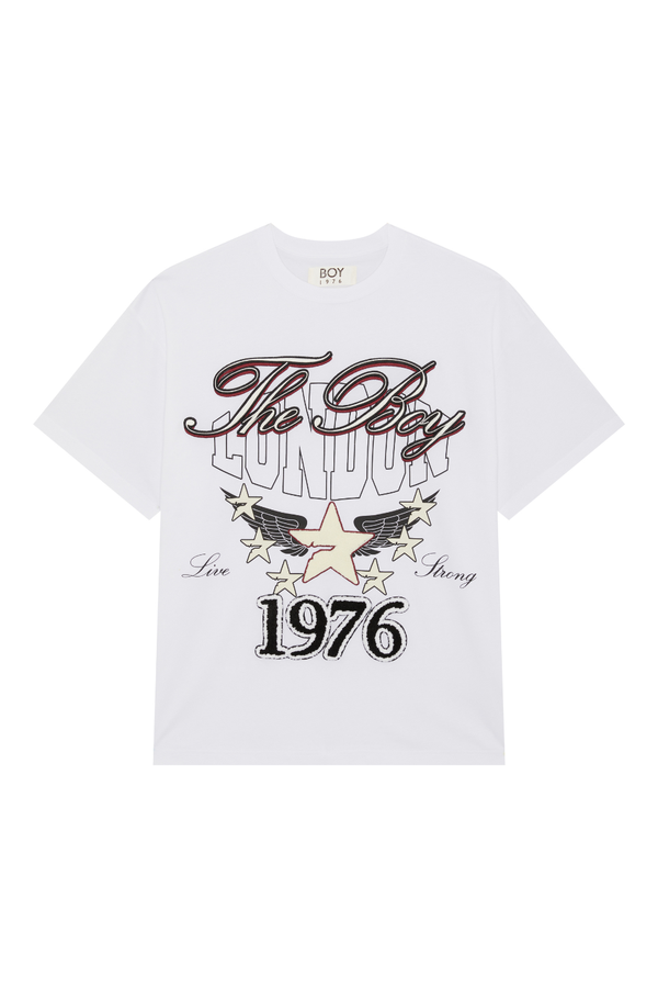 White BOY London t-shirt with graphic design and text on a white background