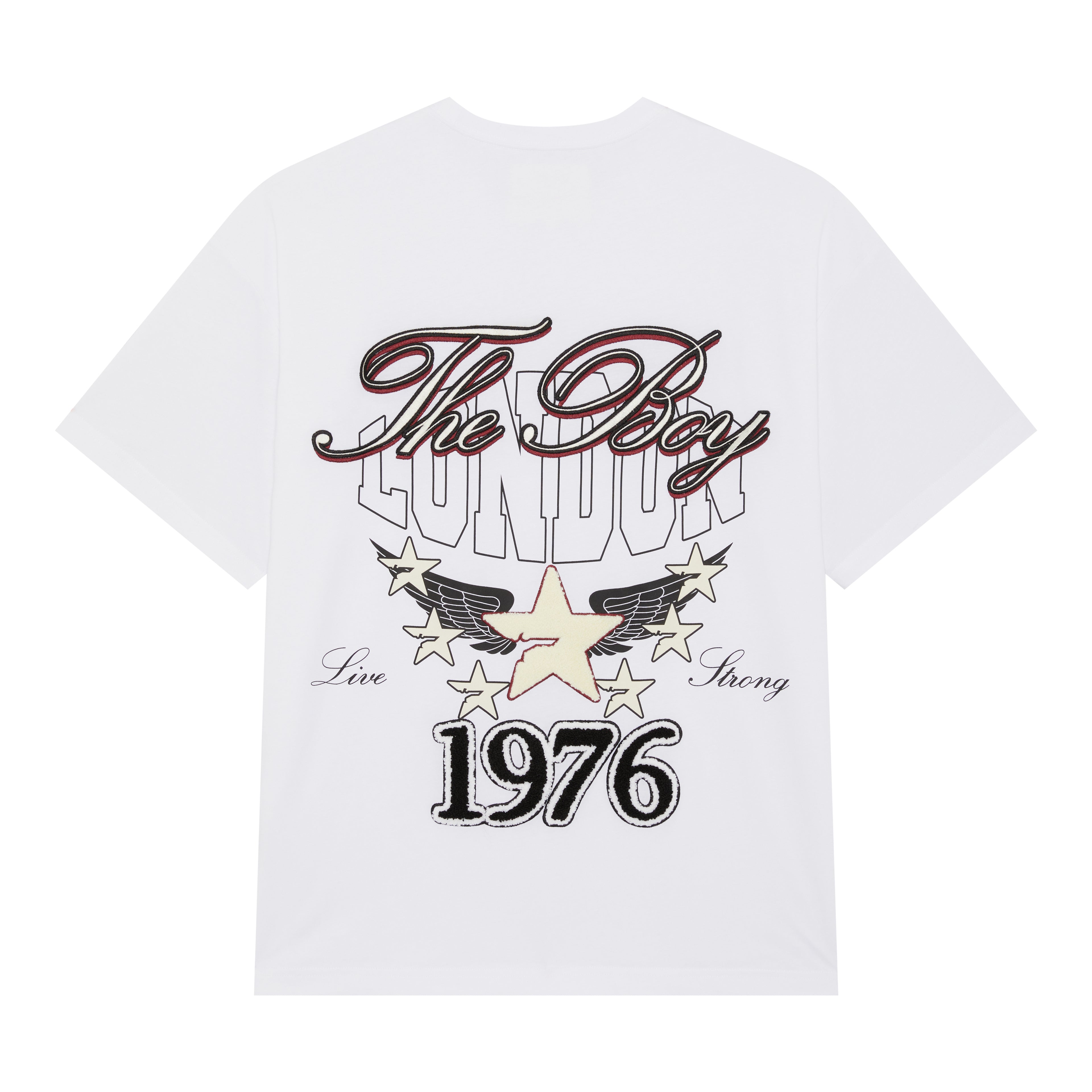 White Boy London crew neck t-shirt with a large logo print on the front and back featuring the text 'The Boy' and the year '1976' with a star and wings motif.
