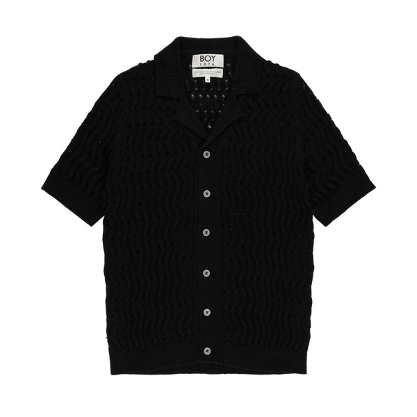 CROCHET STYLE KNITTED REVERSE SHIRT - BLACK
