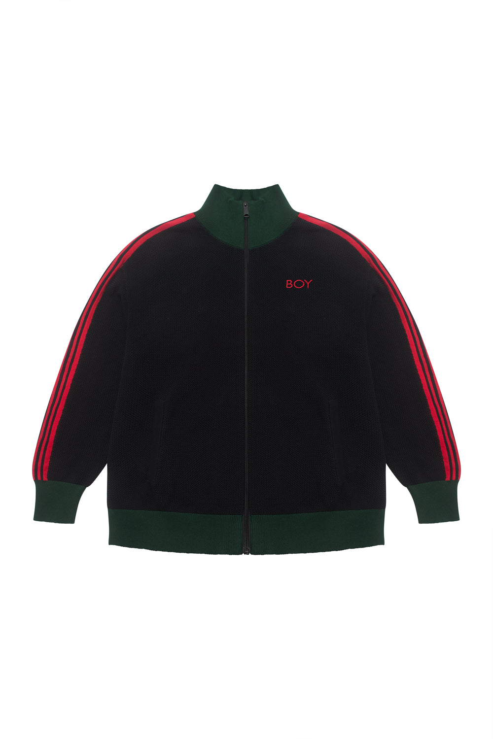 Black track jacket with red and green accents on a white background