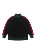 Black track jacket with red and green accents on a white background