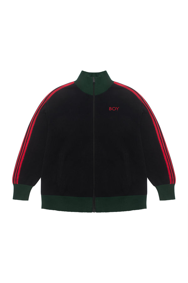 Black track jacket with red and green accents on a white background