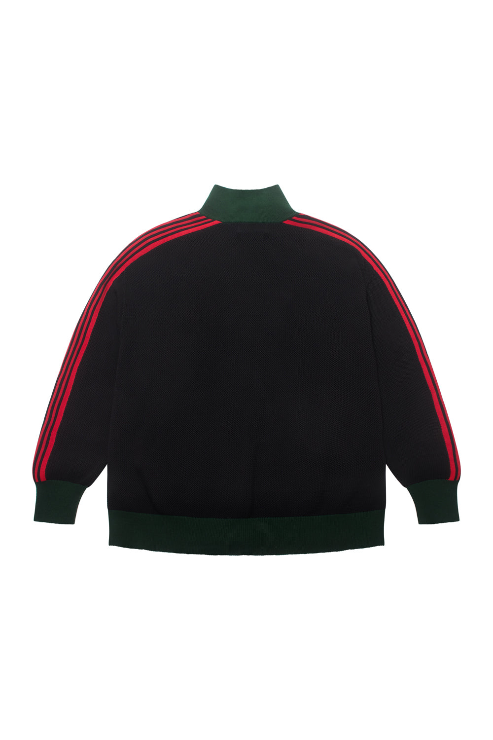Black jacket with red and green stripes on a white background