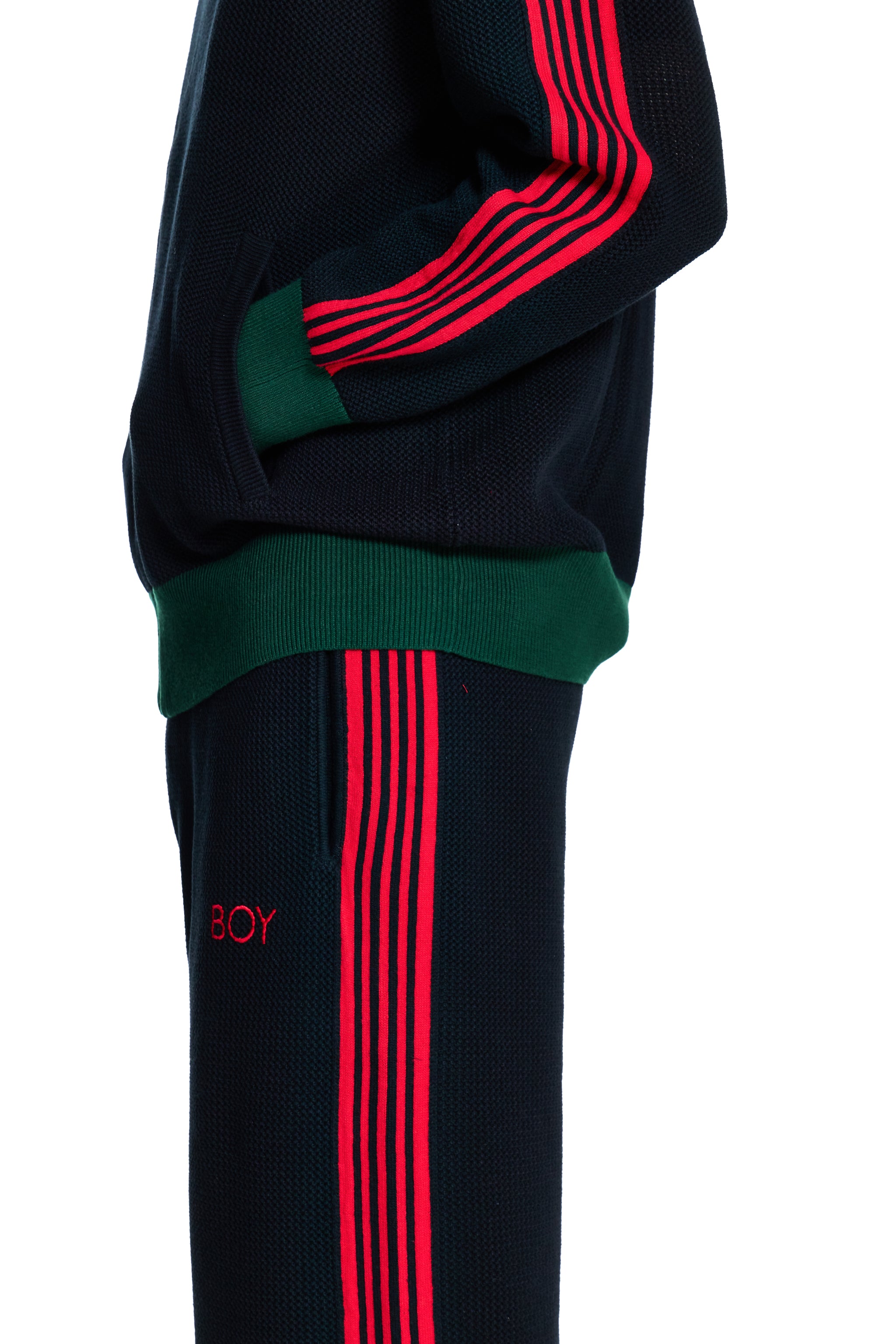 Black BOY London tracksuit with red stripes on a white background