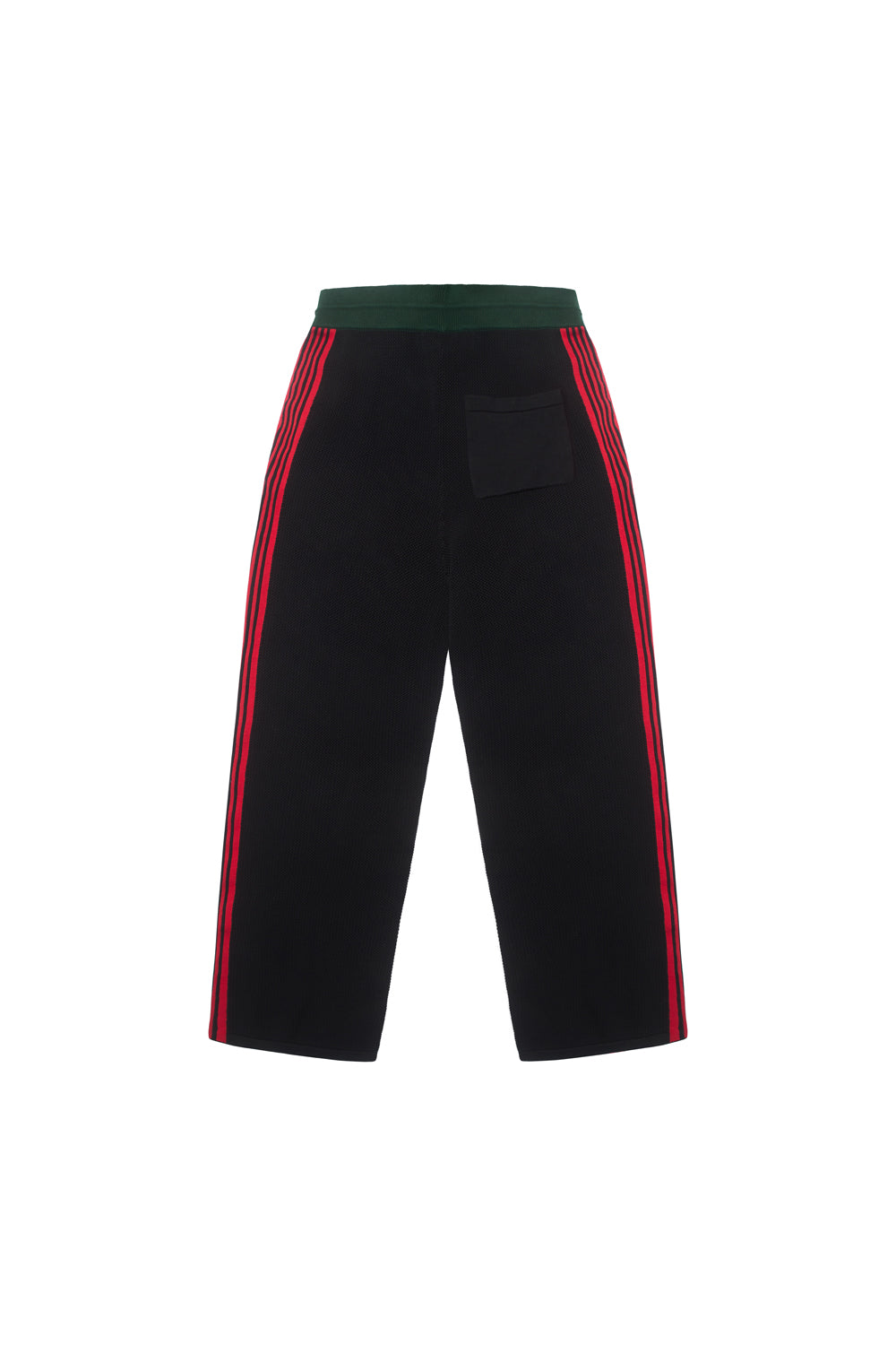 Black BOY London pants with red stripes on a white background