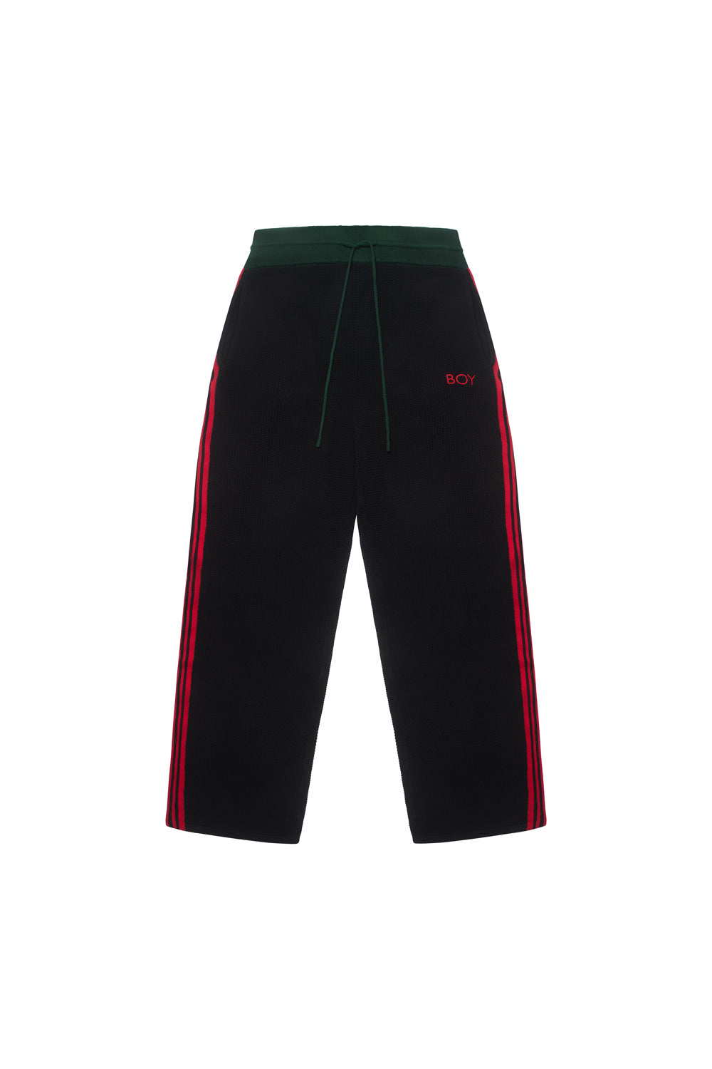 BOY London pants with red side stripe on a white background