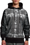Person wearing a black and gray BOY London distressed hoodie with a front pocket design.