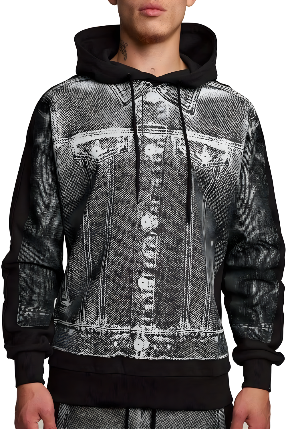 Person wearing a black and gray BOY London distressed hoodie with a front pocket design.