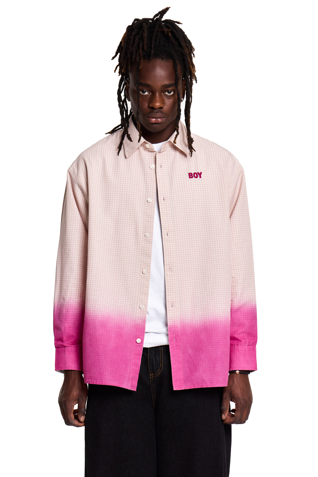 Person wearing a pink and purple Boy London gradient shirt with 'BOY' logo on a white background