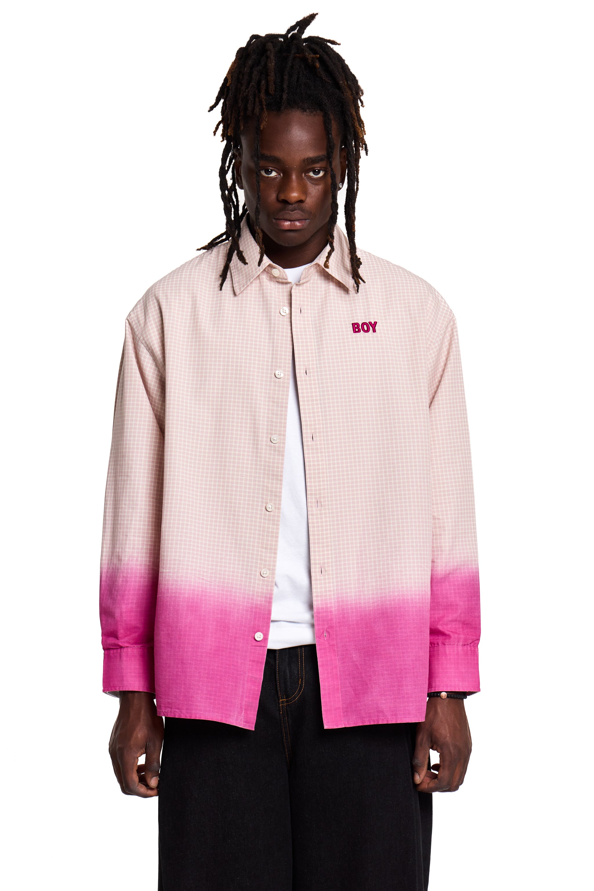 Person wearing a pink and purple Boy London gradient shirt with 'BOY' logo on a white background