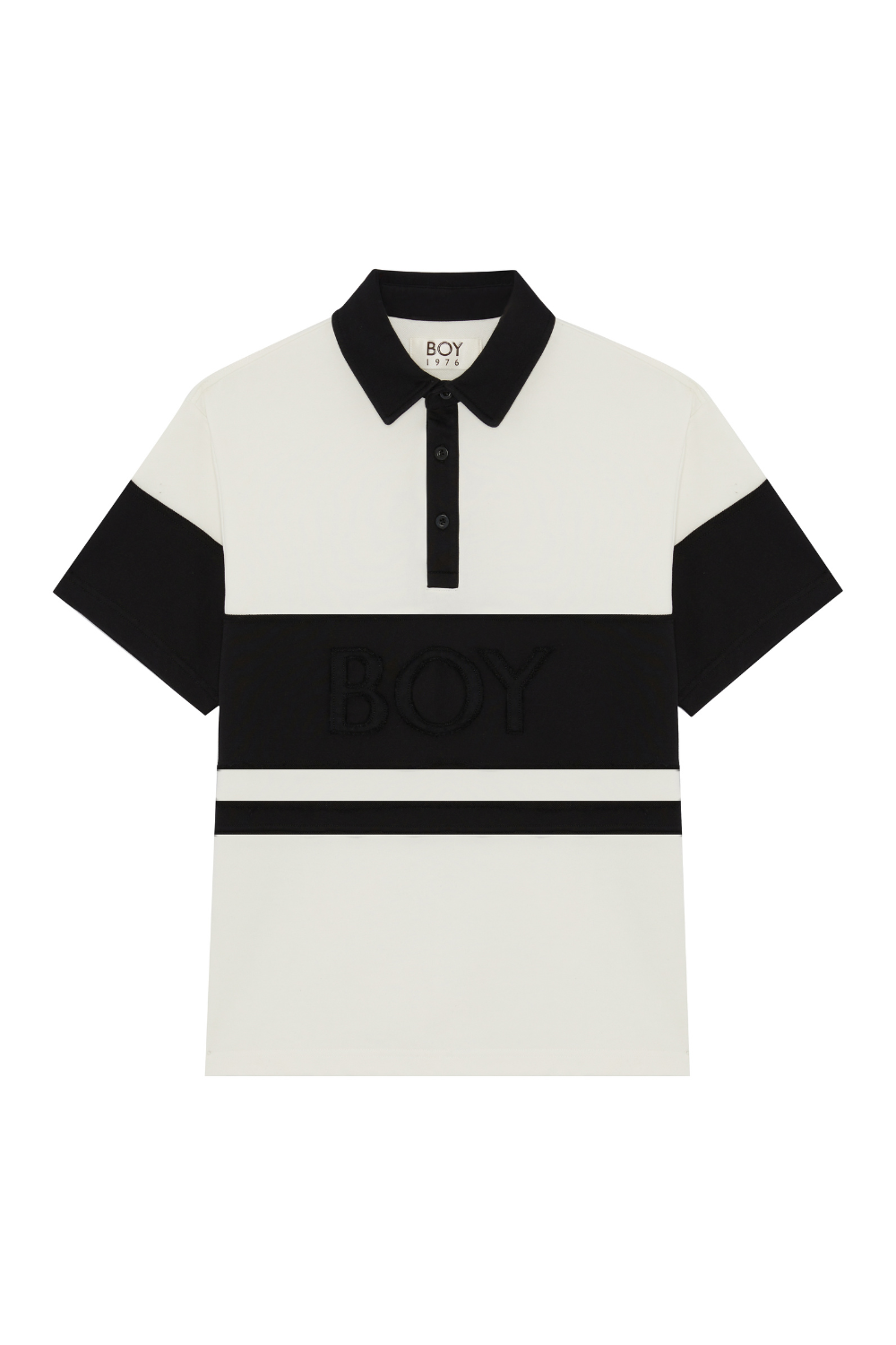 Black and white striped polo shirt with 'BOY' London branding on a white background