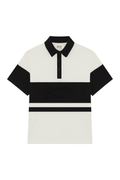 Black and white striped polo shirt with 'BOY' London branding on a white background