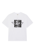 White BOY London t-shirt with a graphic of a man and mathematical equation on a green chalkboard background