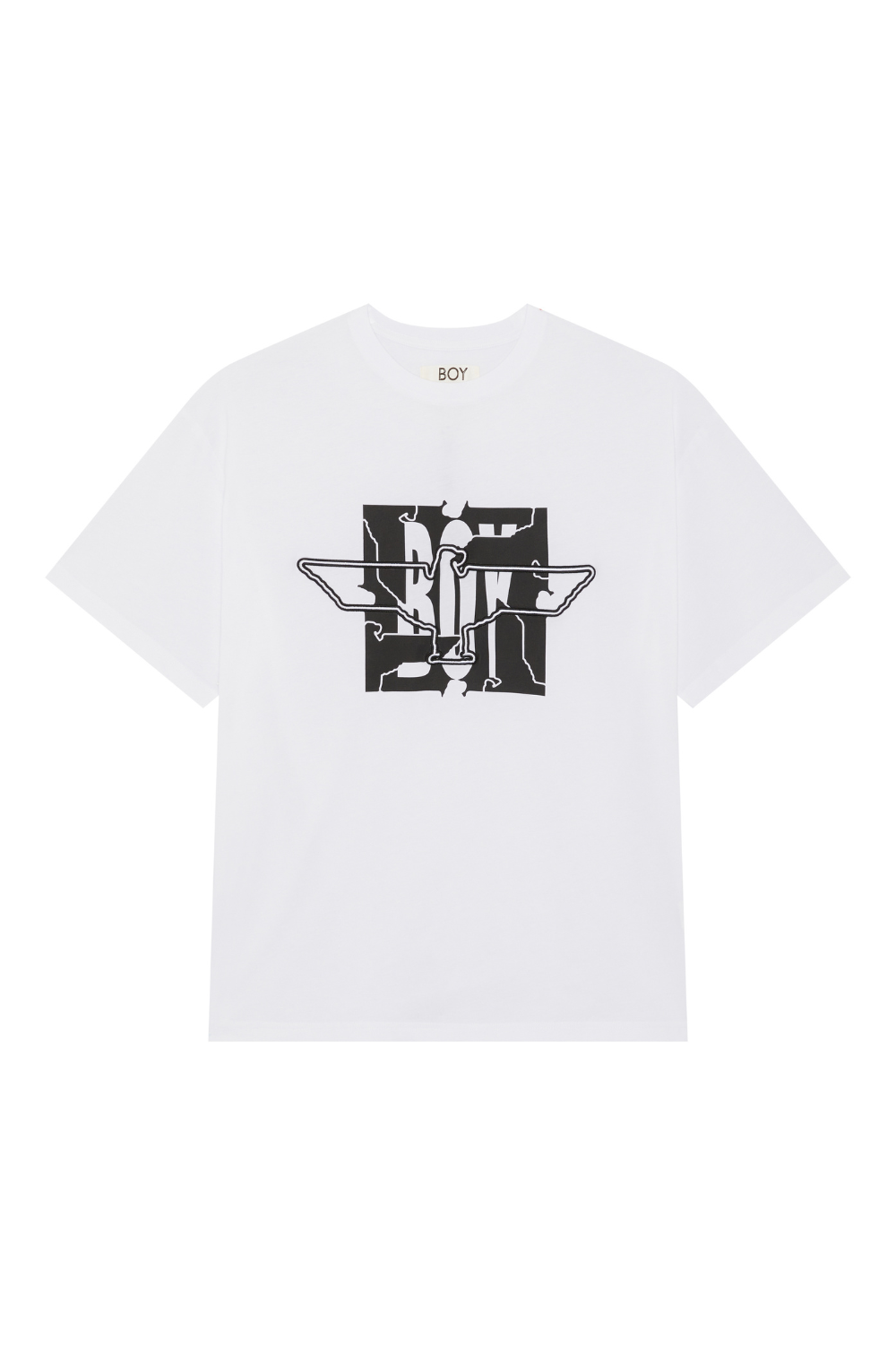 White BOY London t-shirt with a graphic of a man and mathematical equation on a green chalkboard background