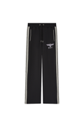 Black BOY London pants with white stripes and a logo on a white background