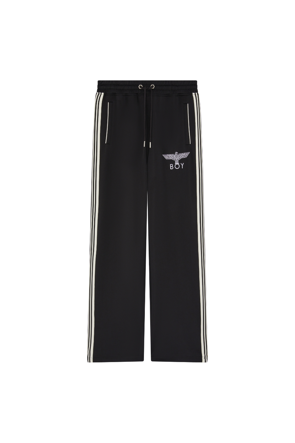 Black BOY London pants with white stripes and a logo on a white background