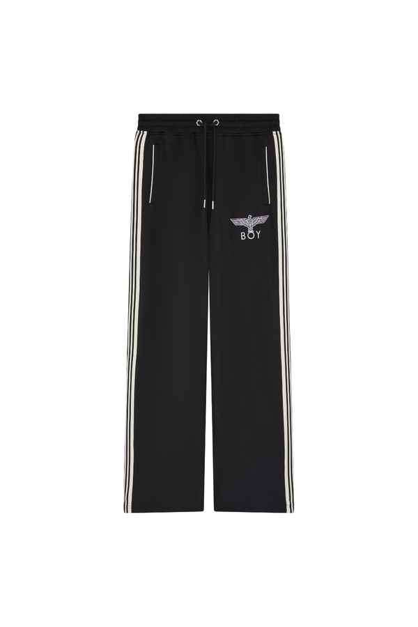 Black BOY London pants with white stripes and a logo on a white background