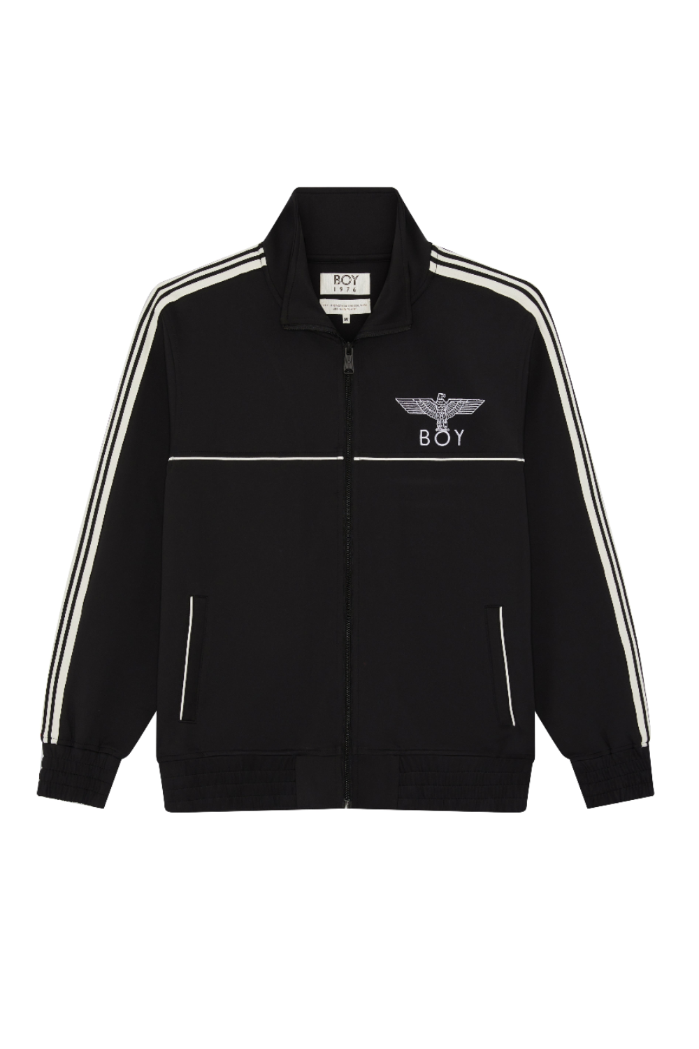 Black track jacket with white stripes and a logo on a white background