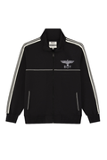 Black track jacket with white stripes and a logo on a white background