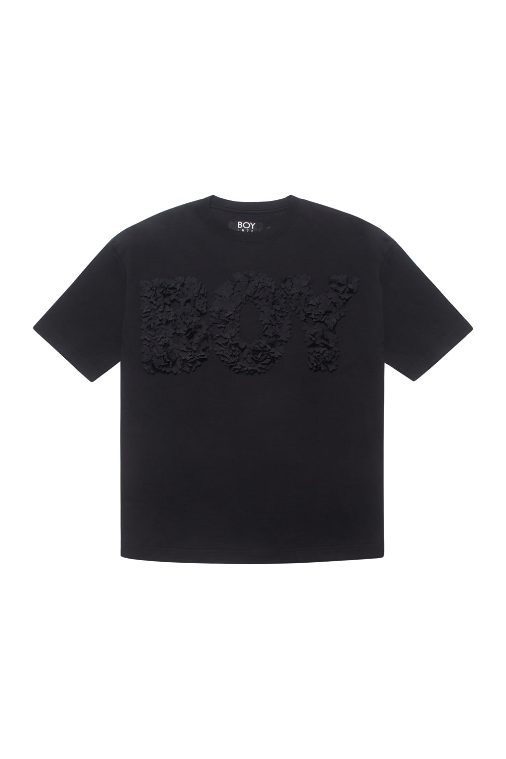 Black t-shirt with lace detailing on a white background