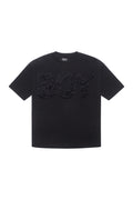 Black t-shirt with lace detailing on a white background