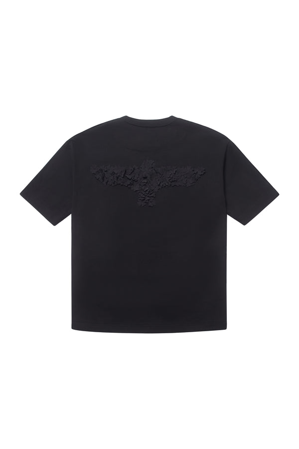 Black BOY London t-shirt with a logo on the back against a white background