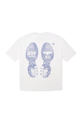 White t-shirt with blue graphic design on a white background