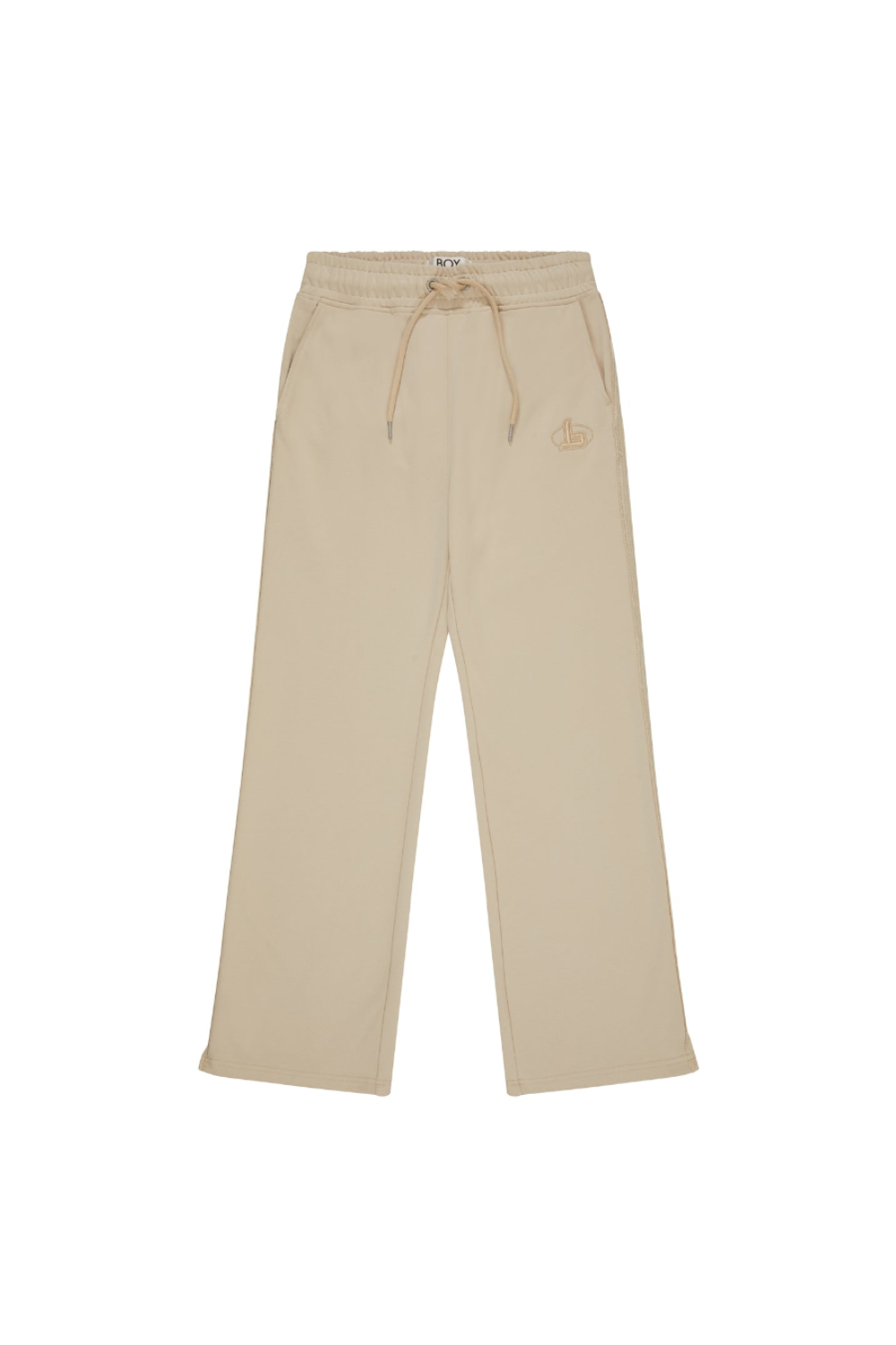 Beige pants with a BOY London logo on a white background