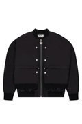 Black BOY London bomber jacket with white buttons on a white background