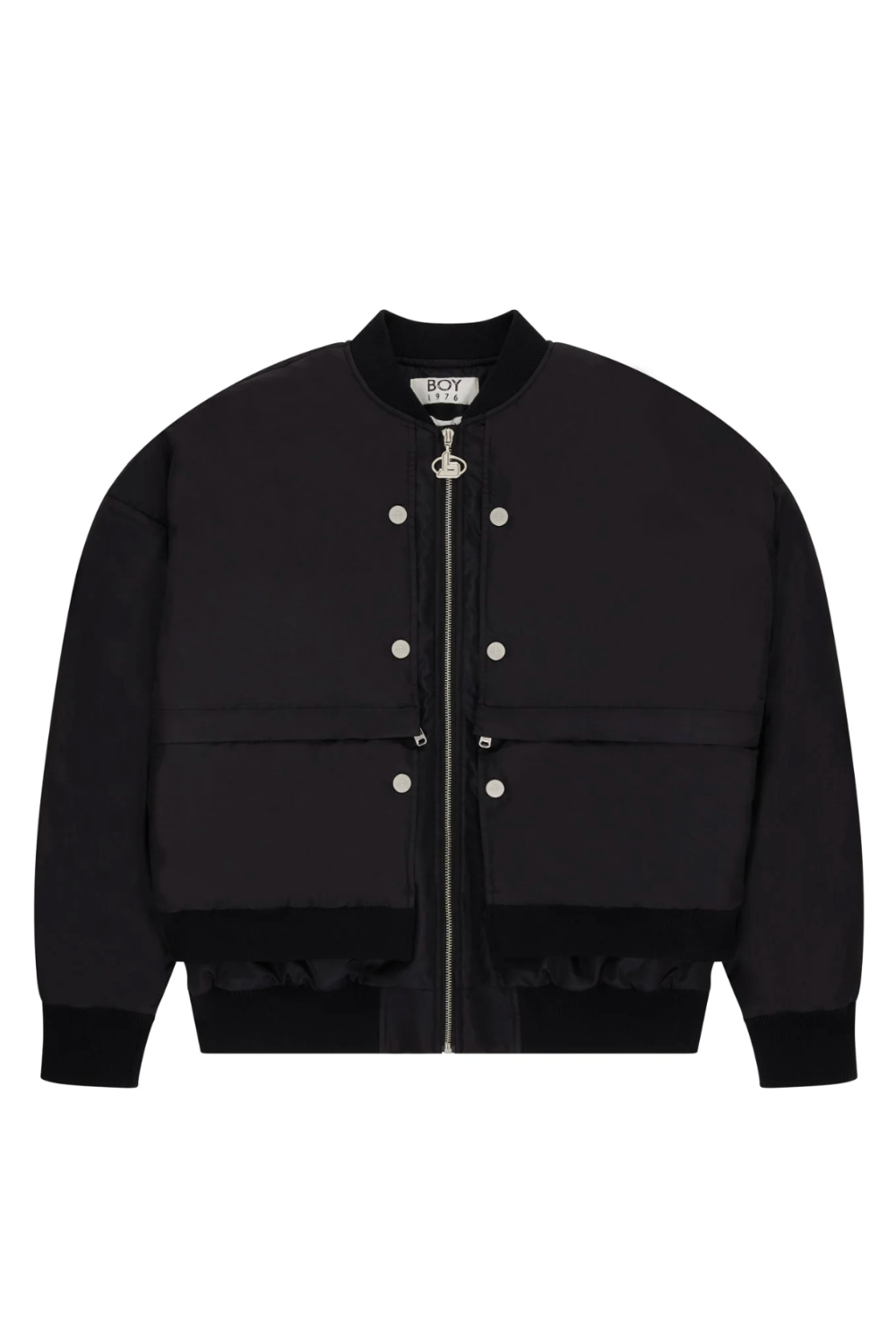 Black BOY London bomber jacket with white buttons on a white background