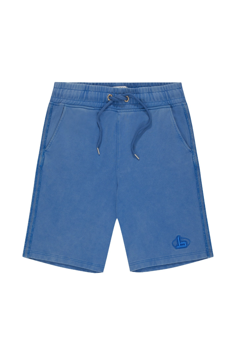 Blue shorts with a drawstring on a white background