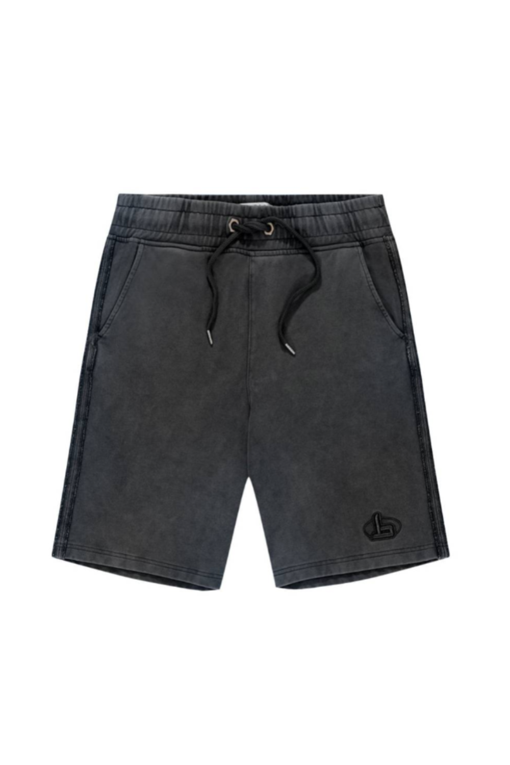 Black shorts with a drawstring on a white background