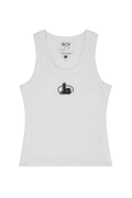 BOY London white tank top with a black logo on a white background