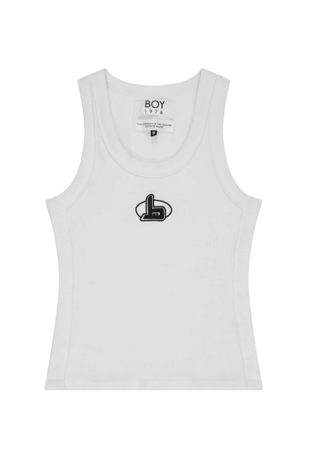 BOY London white tank top with a black logo on a white background