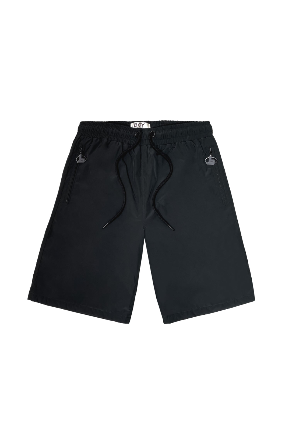 Black shorts with drawstring on a white background