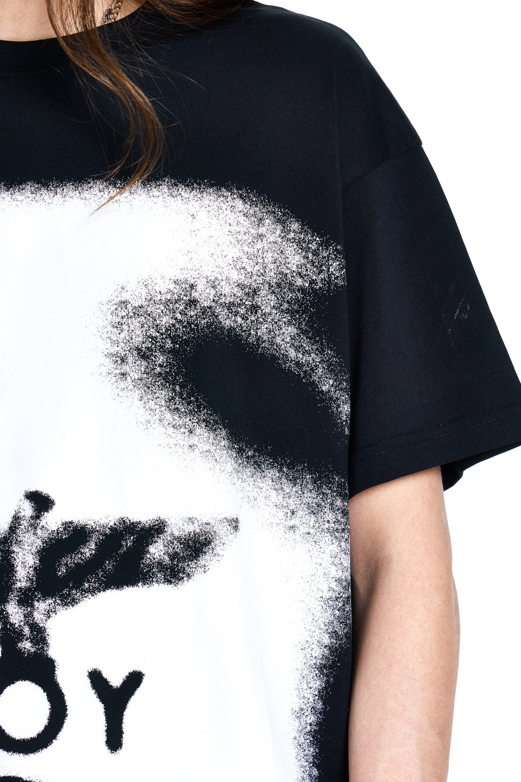 Black BOY London t-shirt with white graphic design and text on a plain background