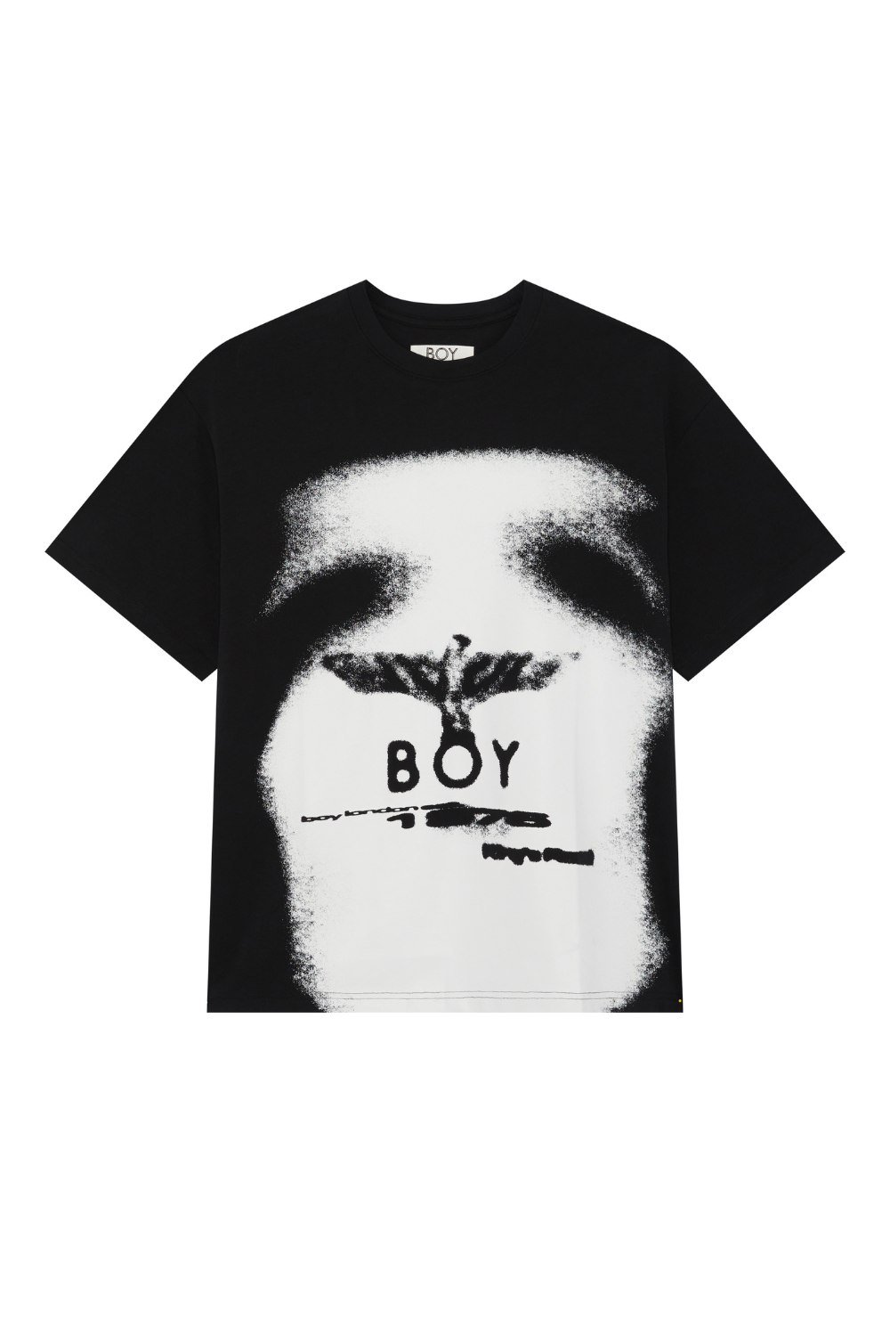 Black t-shirt with a graphic design and 'BOY' text on a white background
