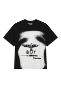 Black t-shirt with a graphic design and 'BOY' text on a white background