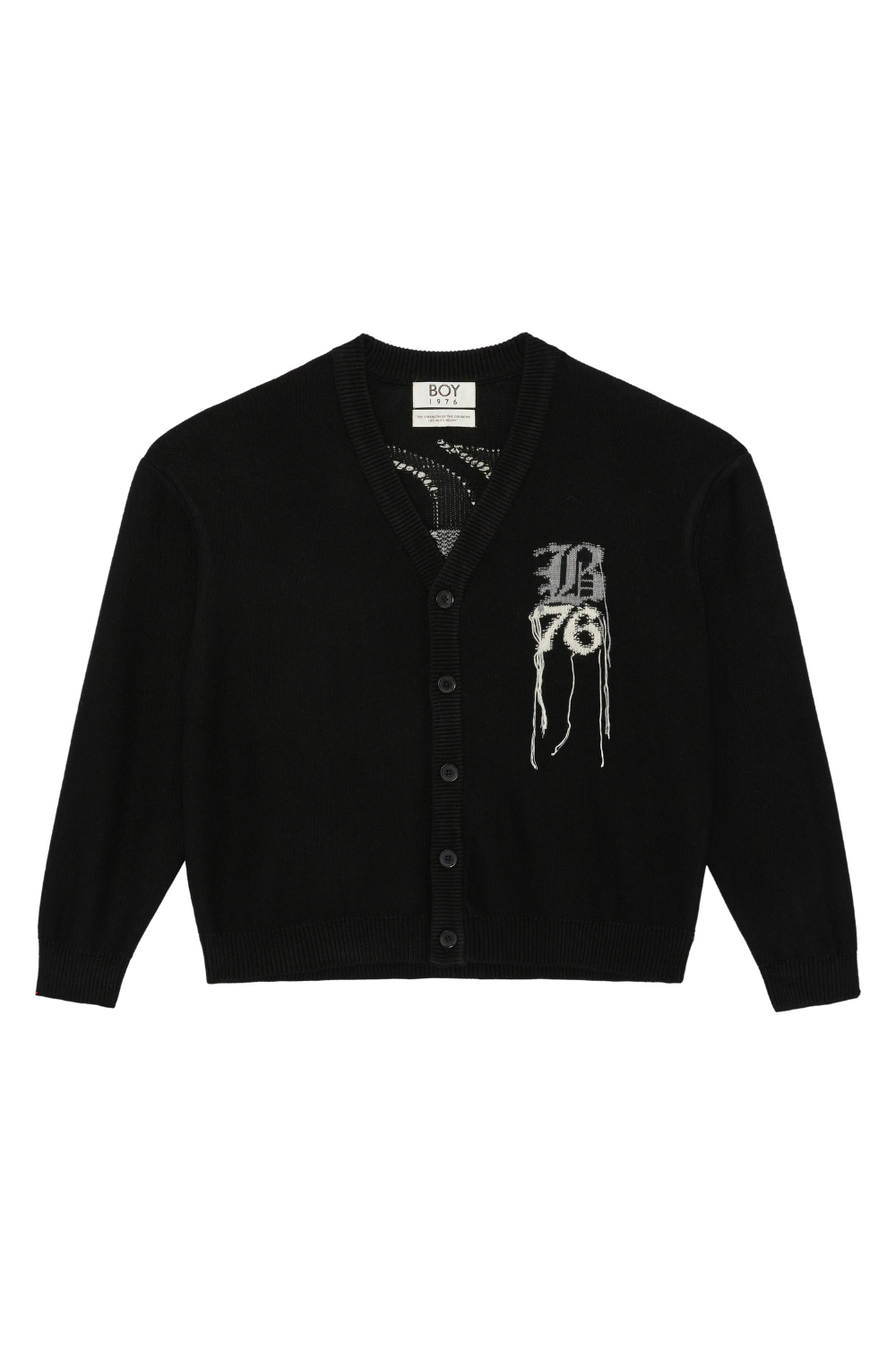 Black Boy London cardigan with graphic design on a white background