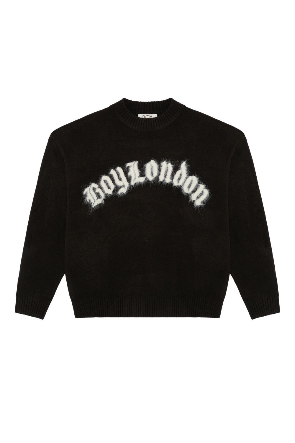 Black sweater with 'Boy London' text on a white background