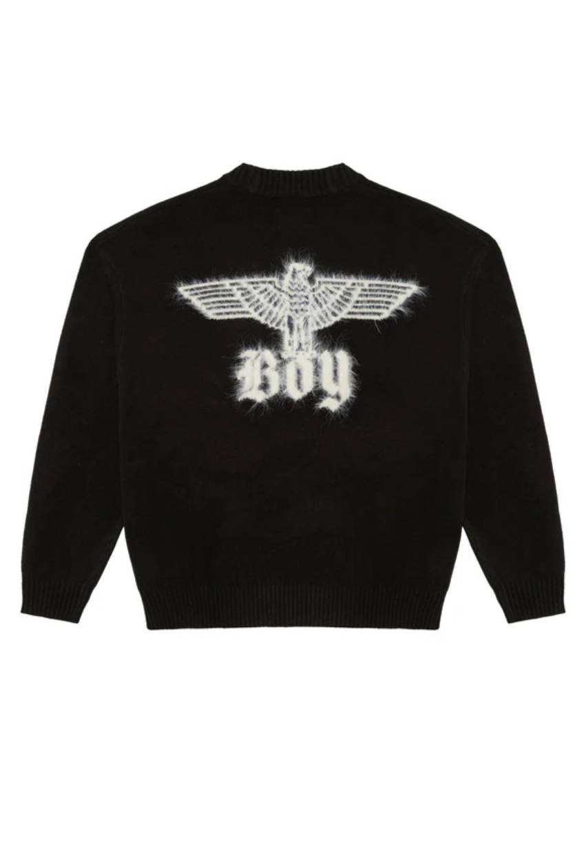 Black sweater with a decorative eagle design and 'Boy' text on the back against a white background