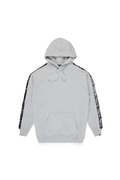 Light gray BOY London hoodie with black and white patterned side panels on a white background