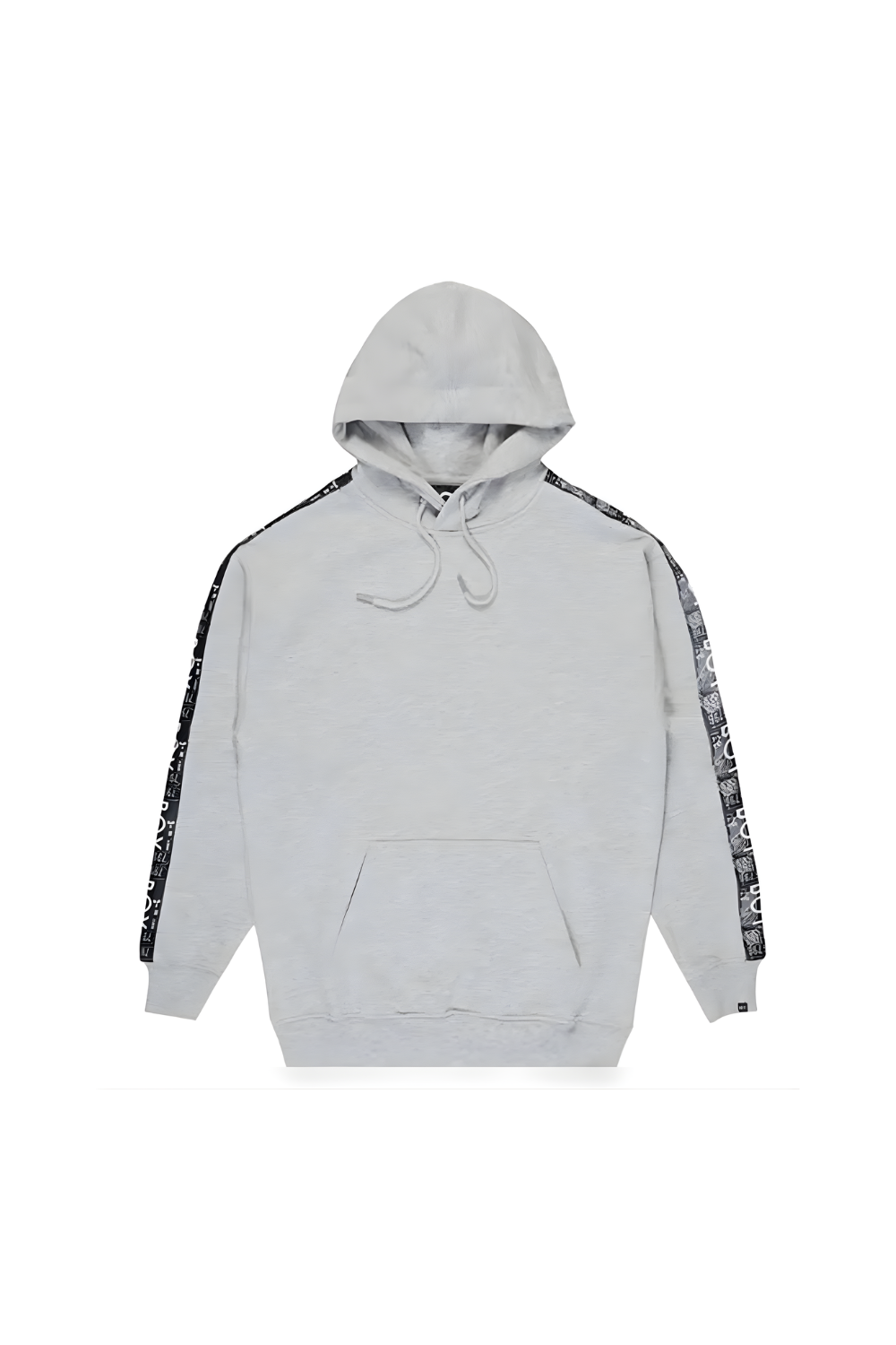 Light gray BOY London hoodie with black and white patterned side panels on a white background