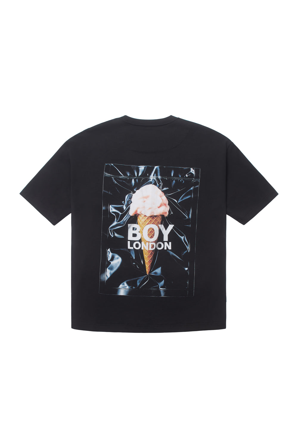 Black t-shirt with ice cream cone graphic and 'BOY LONDON' text on a white background