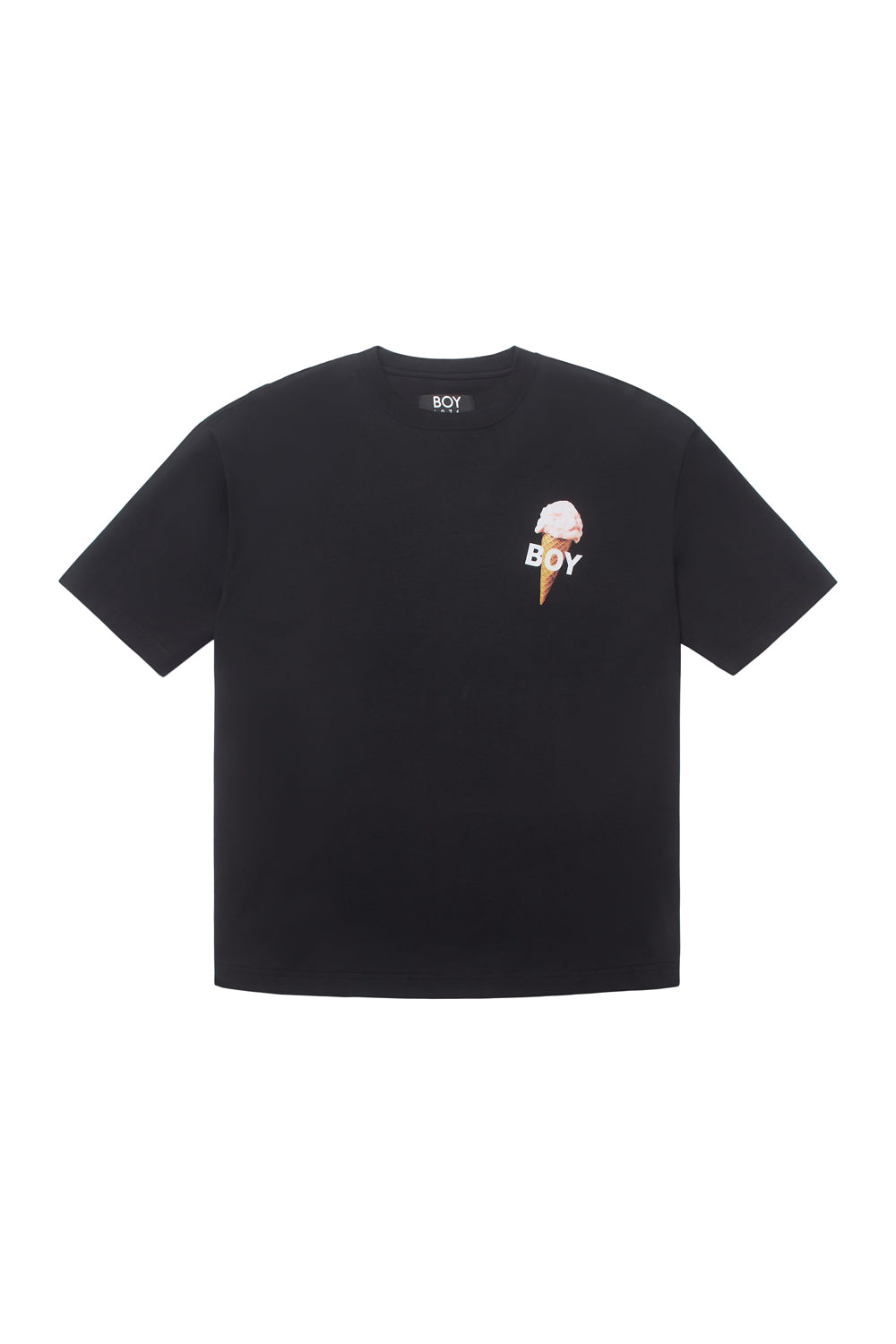 Black t-shirt with ice cream cone graphic and 'BOY' text on a white background