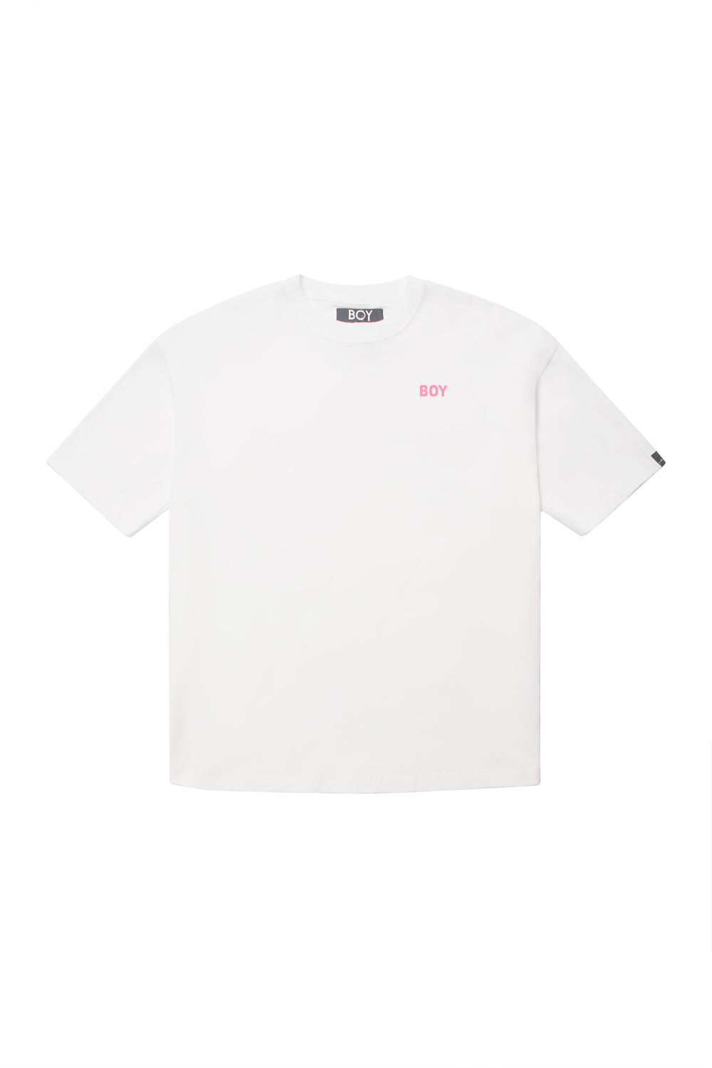 White t-shirt with a small logo on a white background